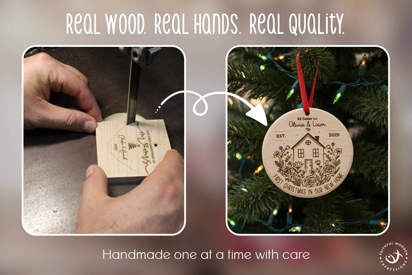 Personalized New Home Christmas Ornament – Engraved Wooden House Ornament – Solid Maple Handmade Housewarming Gift