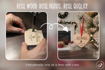 Personalized Mr and Mrs First Christmas Wedding Ornament - Handmade Engraved Wooden Heart - Shatterproof Newlywed Keepsake Gift for Couples