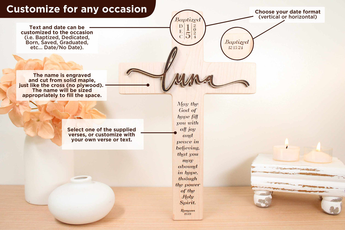 Personalized Baptism Cross with 3D Raised Name | Boho Christian Gift for Any Occasion