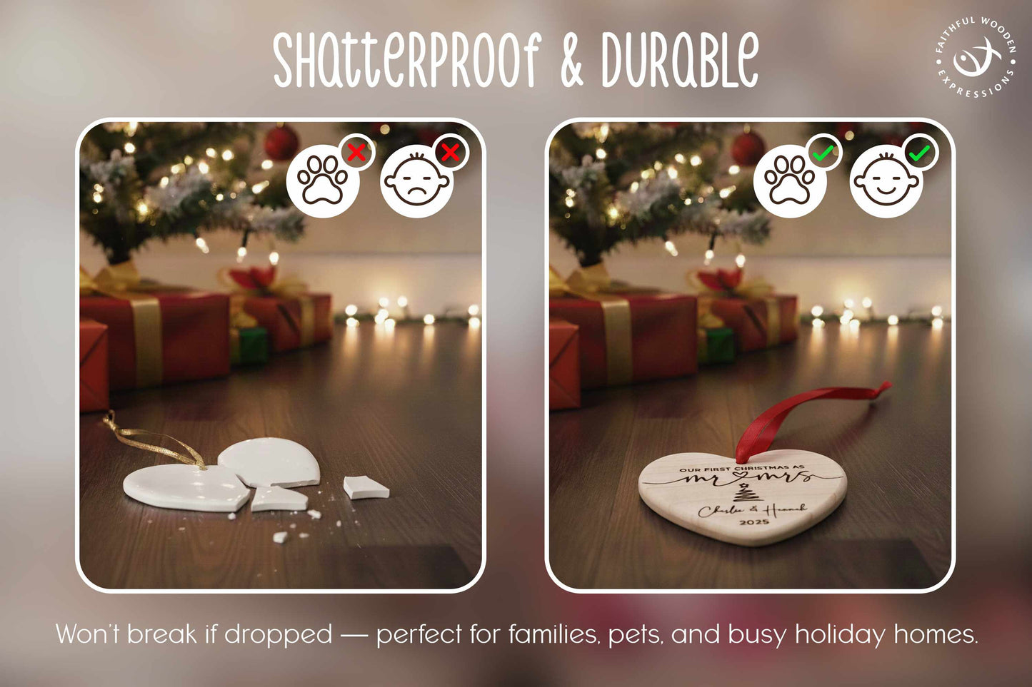 Personalized Mr and Mrs First Christmas Wedding Ornament - Handmade Engraved Wooden Heart - Shatterproof Newlywed Keepsake Gift for Couples
