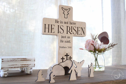 Religious Easter Display | Handmade Empty Tomb Scene | He Is Risen Wooden Decor | Jesus Resurrection Gift for Christian Home or Holiday