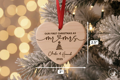 Personalized Mr and Mrs First Christmas Wedding Ornament - Handmade Engraved Wooden Heart - Shatterproof Newlywed Keepsake Gift for Couples