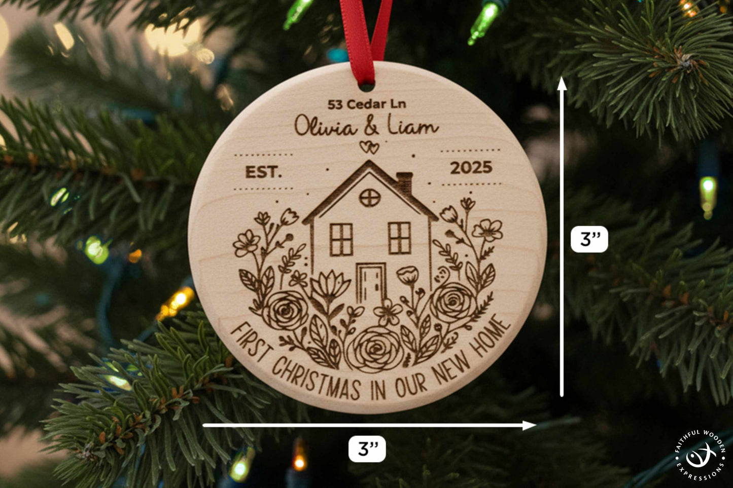 Personalized New Home Christmas Ornament – Engraved Wooden House Ornament – Solid Maple Handmade Housewarming Gift