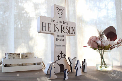 Religious Easter Display | Handmade Empty Tomb Scene | He Is Risen Wooden Decor | Jesus Resurrection Gift for Christian Home or Holiday