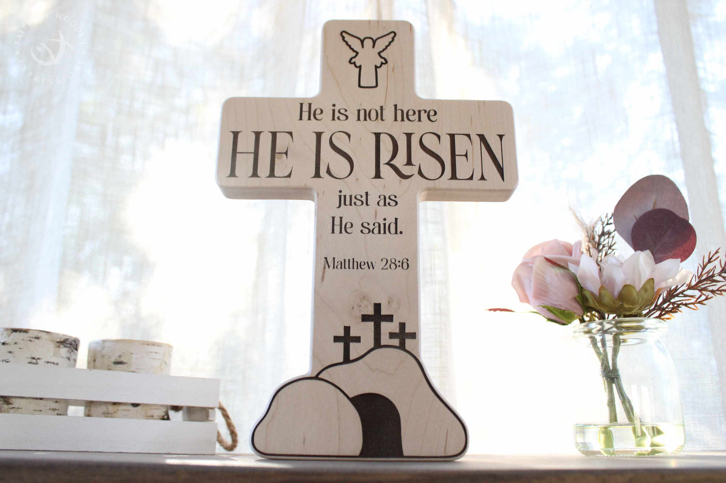 Religious Easter Display | Handmade Empty Tomb Scene | He Is Risen Wooden Decor | Jesus Resurrection Gift for Christian Home or Holiday