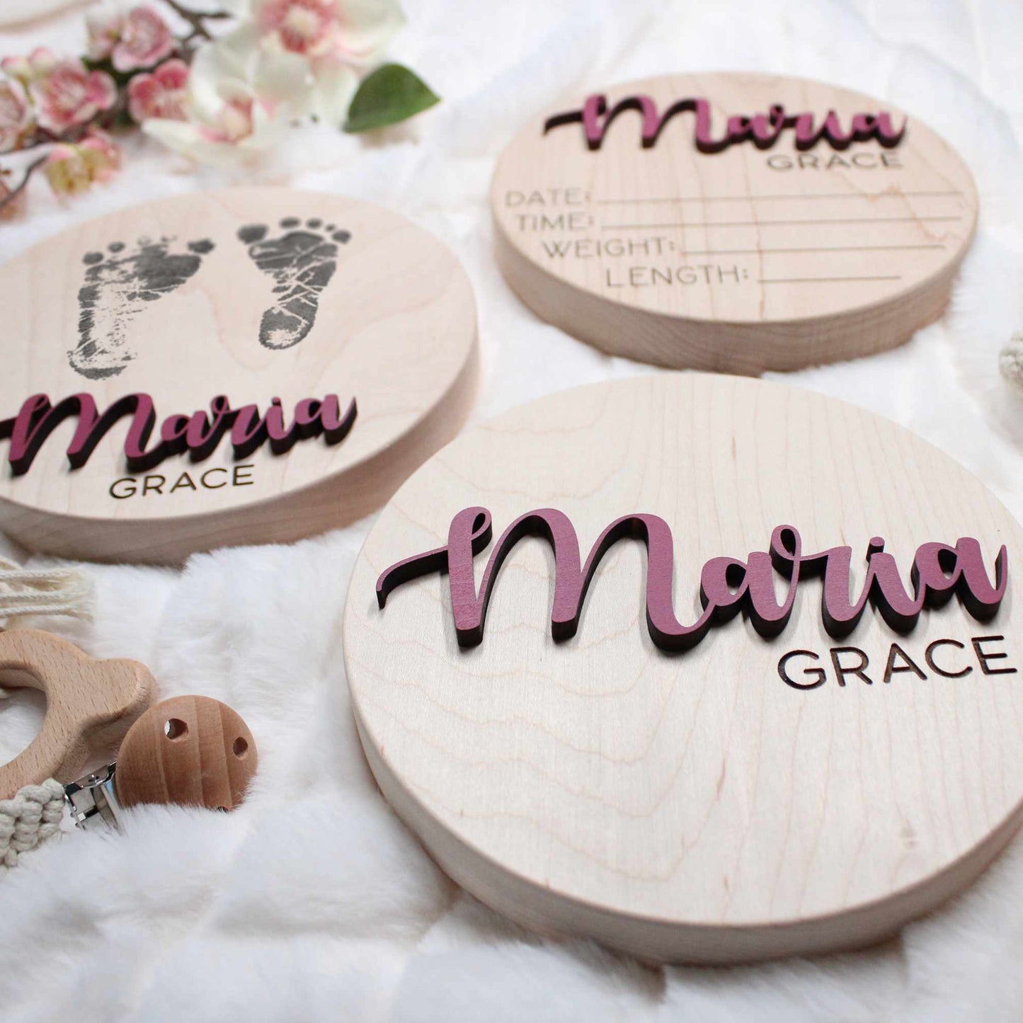 Personalized Baby Announcement Sign: 3D Maple Wood Name, Birth Stats