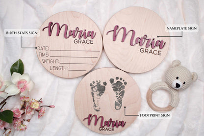Personalized Baby Announcement Sign: 3D Maple Wood Name, Birth Stats