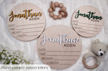 Personalized Baby Announcement Sign: 3D Maple Wood Name, Birth Stats
