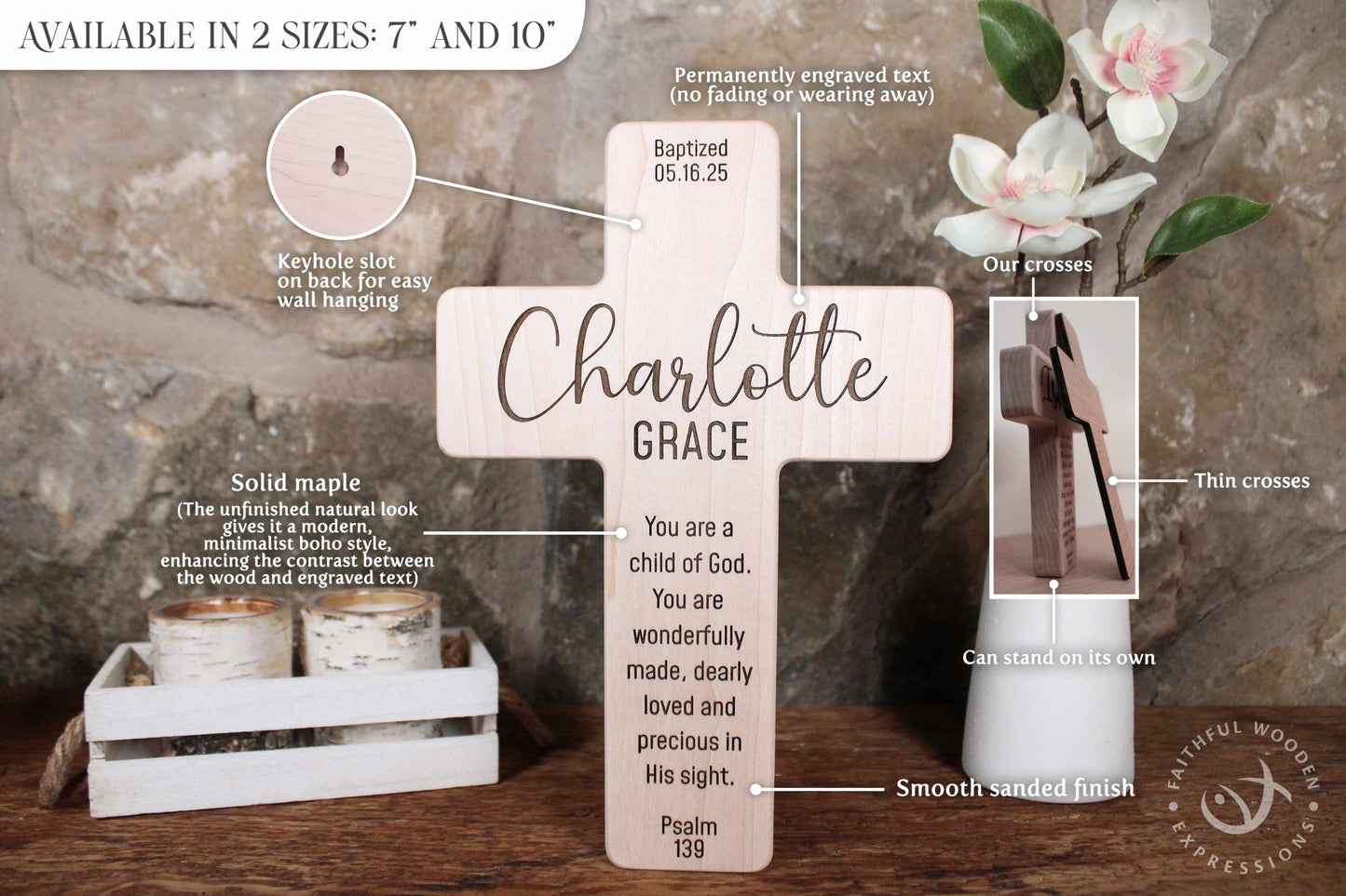 Custom Handcrafted Baptism Cross Gift with Dual Name Engraving