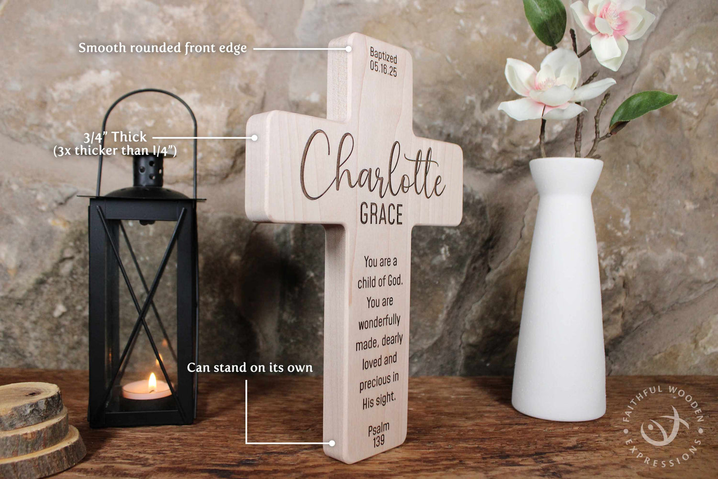 Custom Handcrafted Baptism Cross Gift with Dual Name Engraving