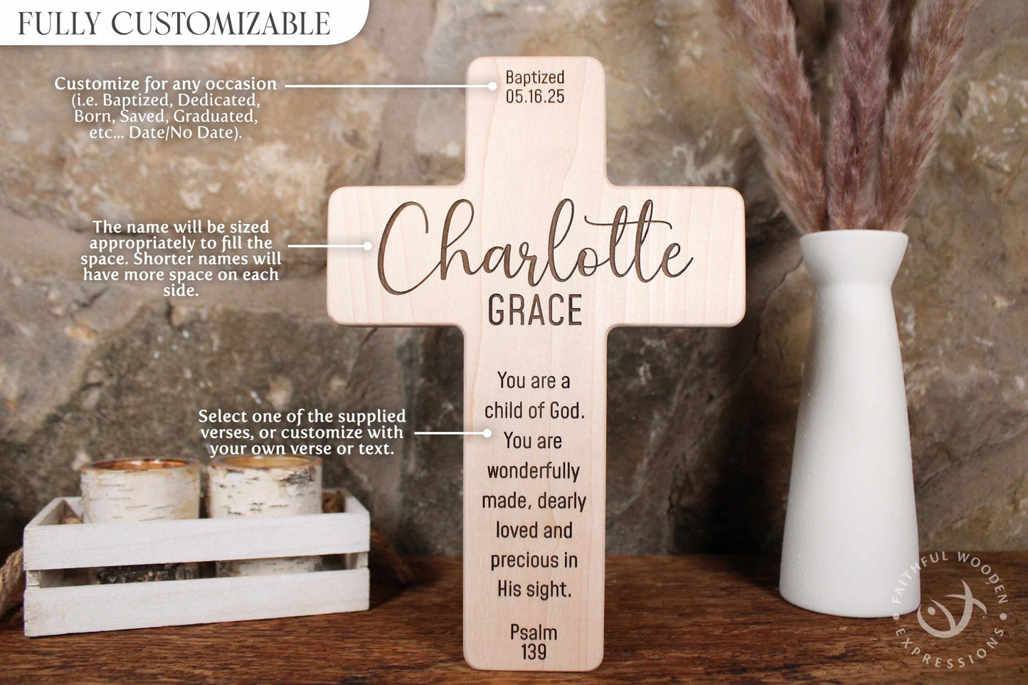 Custom Handcrafted Baptism Cross Gift with Dual Name Engraving