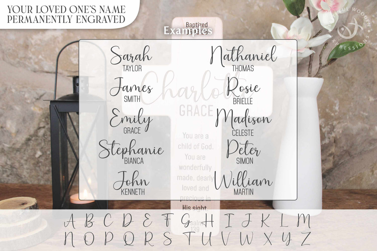 Custom Handcrafted Baptism Cross Gift with Dual Name Engraving
