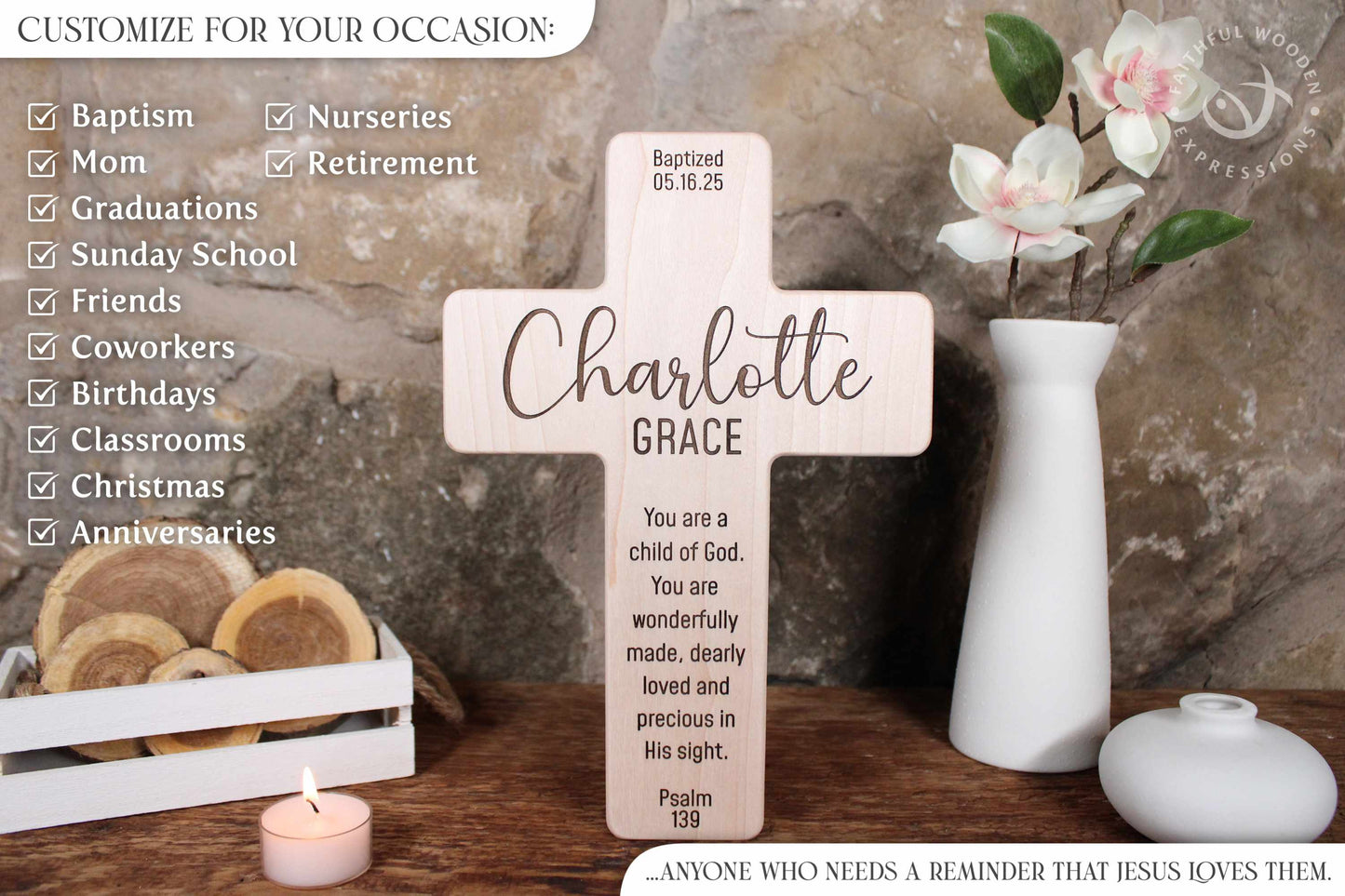 Custom Handcrafted Baptism Cross Gift with Dual Name Engraving