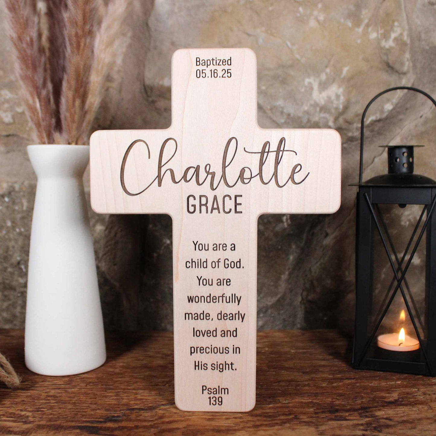 Custom Handcrafted Baptism Cross Gift with Dual Name Engraving