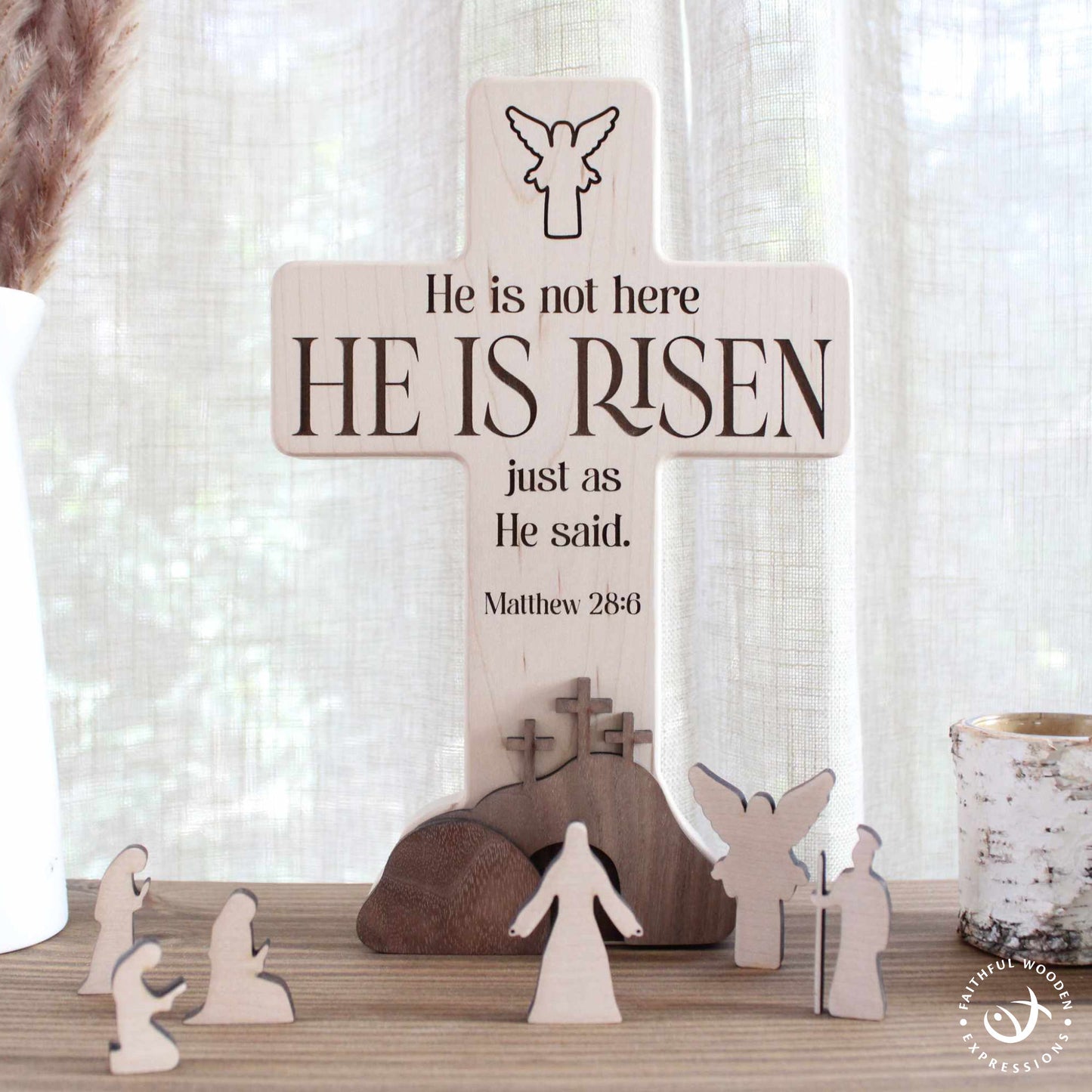 He Is Risen Christian Decor | Empty Tomb Resurrection Scene | Handmade Wooden Easter Nativity Gift | Religious Keepsake for Home or Family