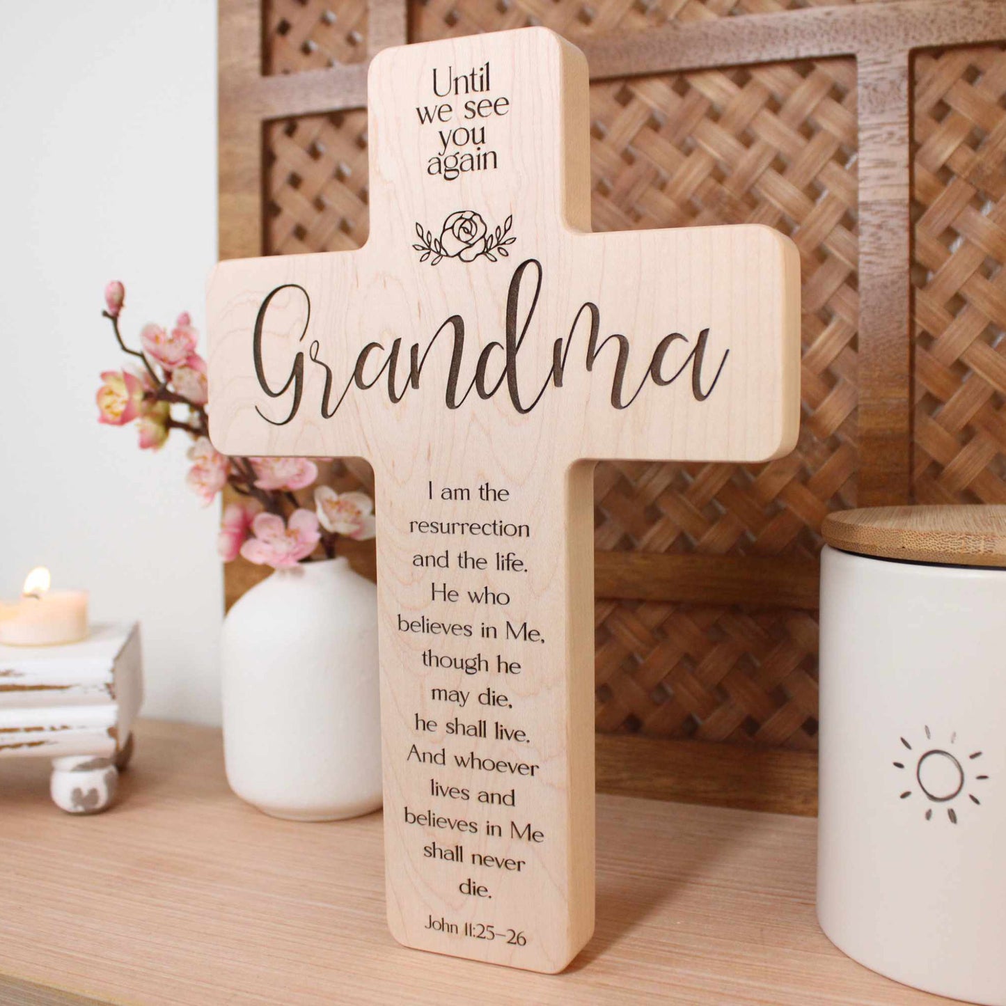 Personalized Maple Grandma Memorial Cross: Engraved Remembrance Gift