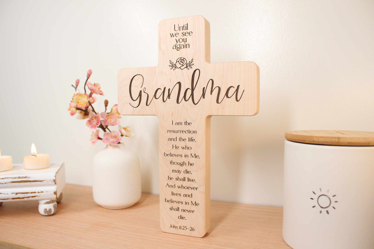 Personalized Maple Grandma Memorial Cross: Engraved Remembrance Gift