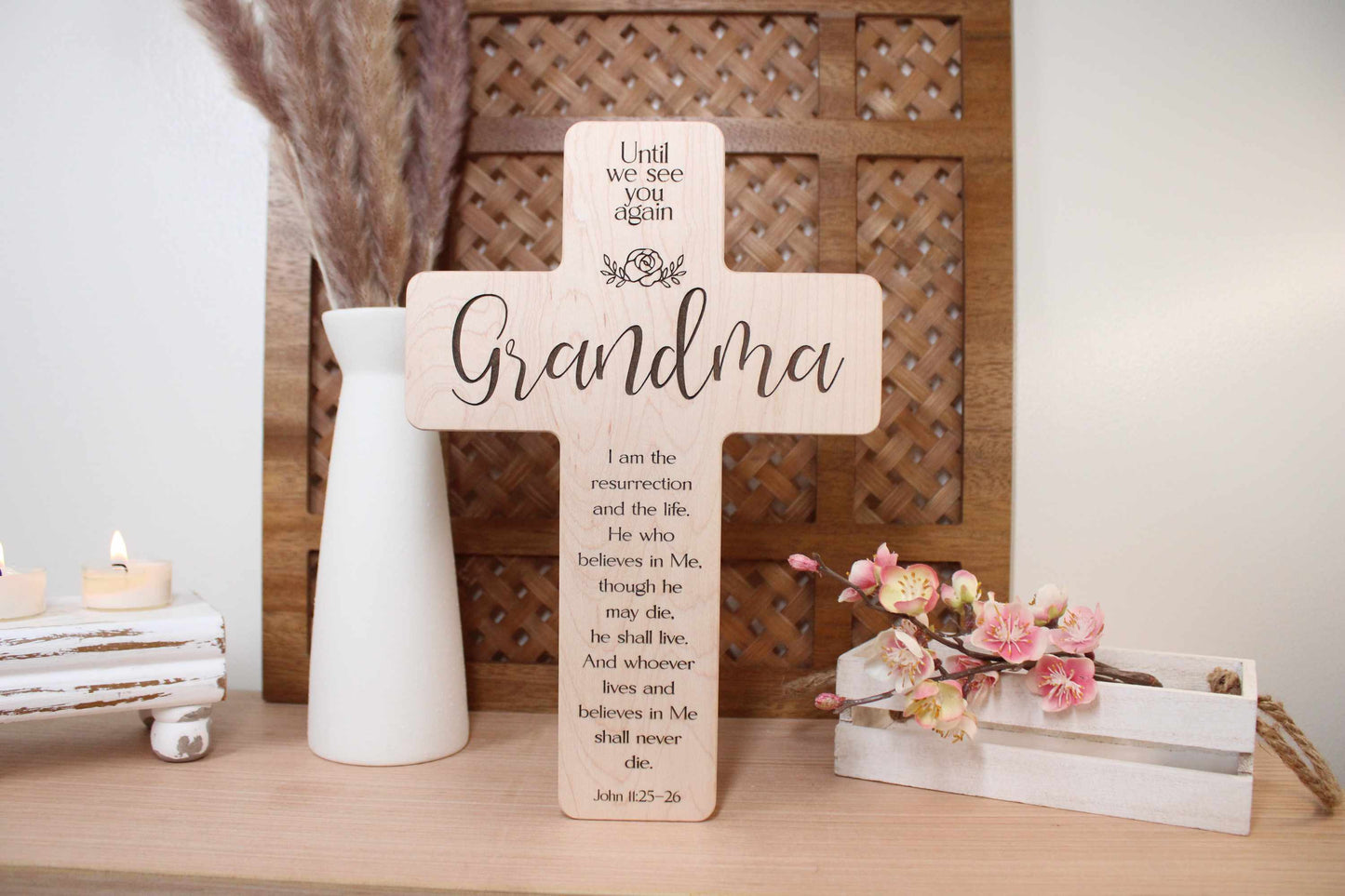 Personalized Maple Grandma Memorial Cross: Engraved Remembrance Gift