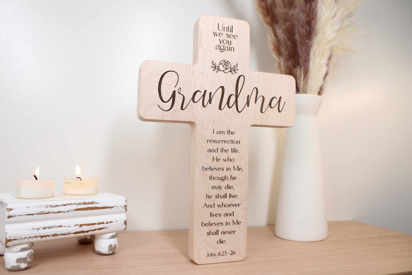 Personalized Maple Grandma Memorial Cross: Engraved Remembrance Gift