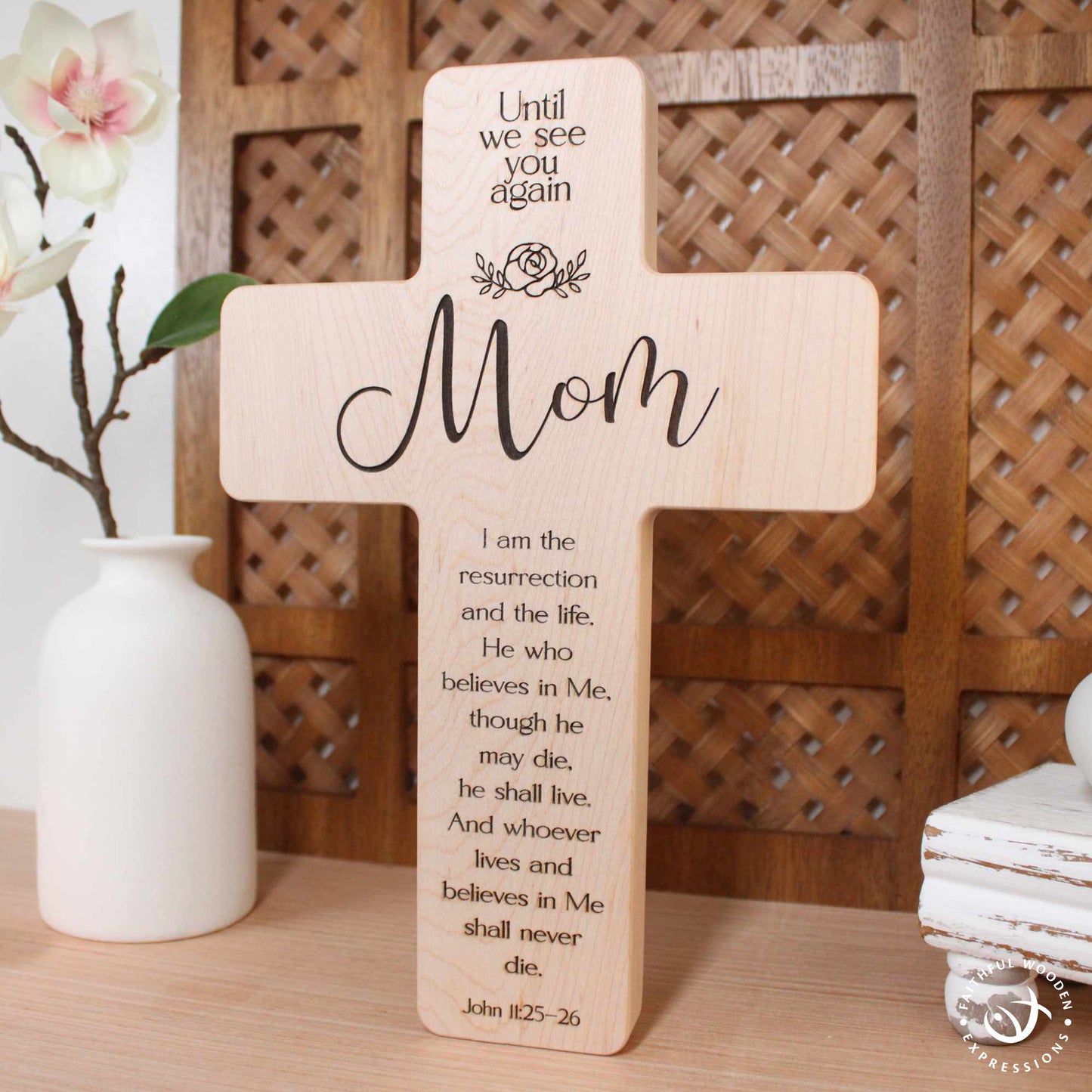 Personalized Maple Memorial Cross for Mom: Engraved Remembrance Gift