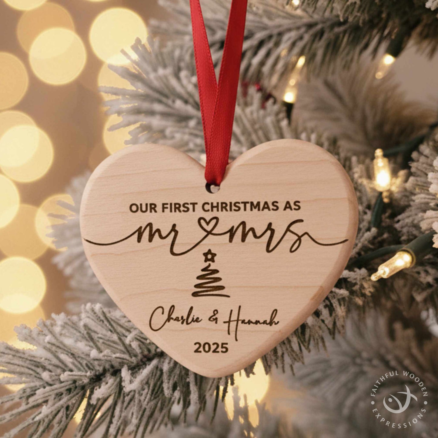 Personalized Mr and Mrs First Christmas Wedding Ornament - Handmade Engraved Wooden Heart - Shatterproof Newlywed Keepsake Gift for Couples