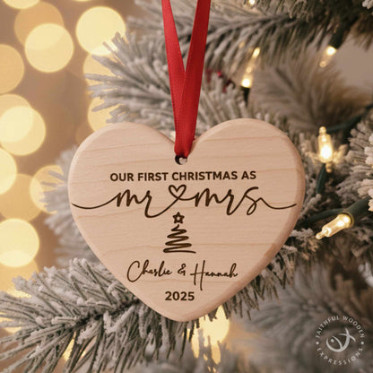Personalized Mr and Mrs First Christmas Wedding Ornament - Handmade Engraved Wooden Heart - Shatterproof Newlywed Keepsake Gift for Couples