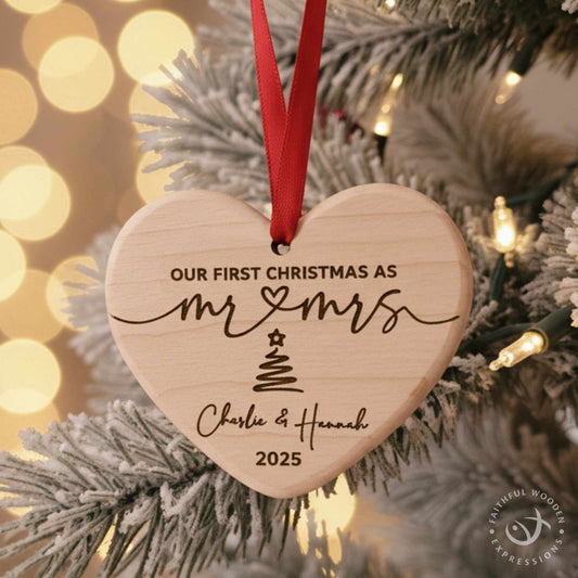 Personalized Mr and Mrs First Christmas Wedding Ornament - Handmade Engraved Wooden Heart - Shatterproof Newlywed Keepsake Gift for Couples