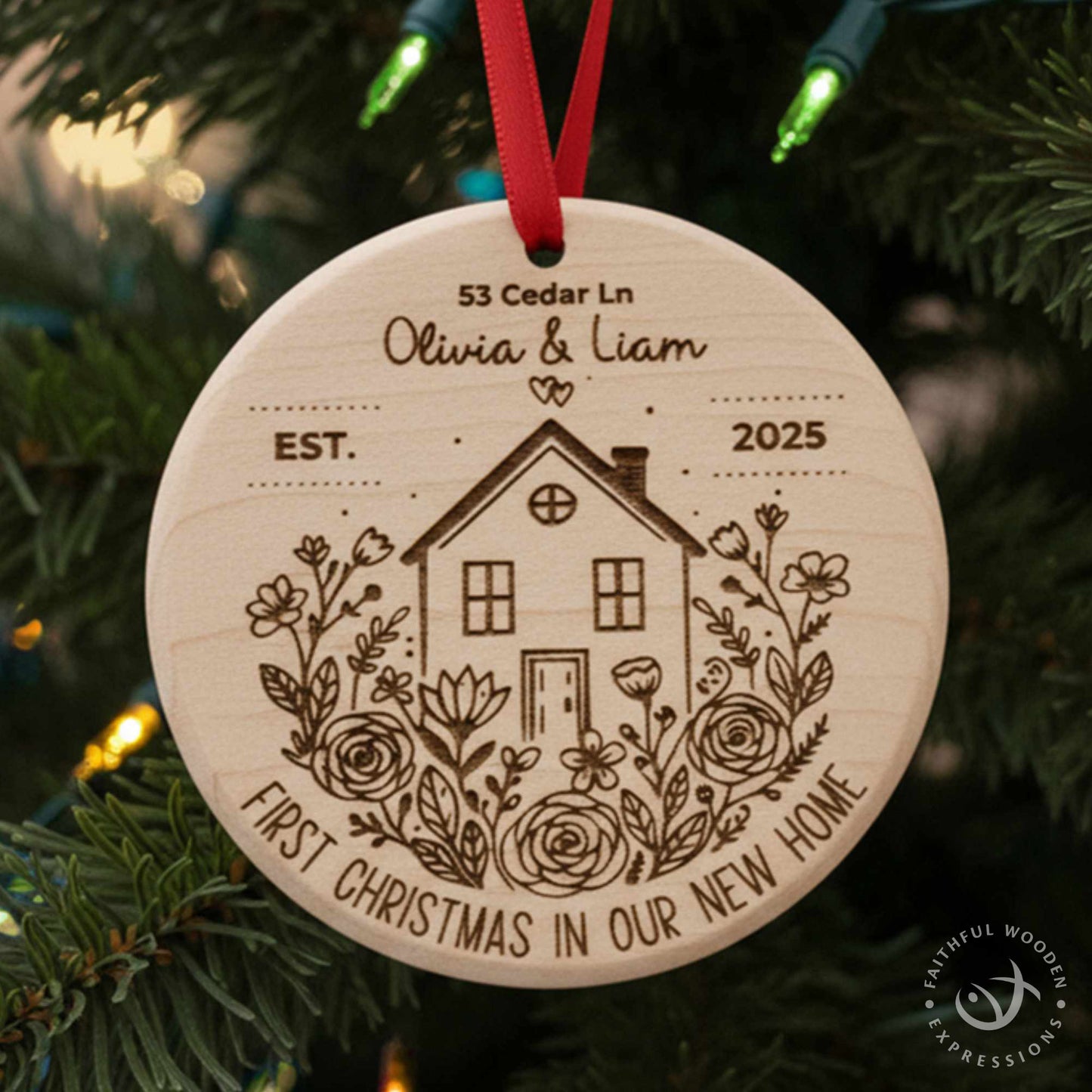 Personalized New Home Christmas Ornament – Engraved Wooden House Ornament – Solid Maple Handmade Housewarming Gift