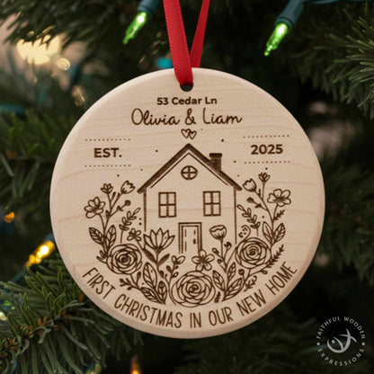 Personalized New Home Christmas Ornament – Engraved Wooden House Ornament – Solid Maple Handmade Housewarming Gift