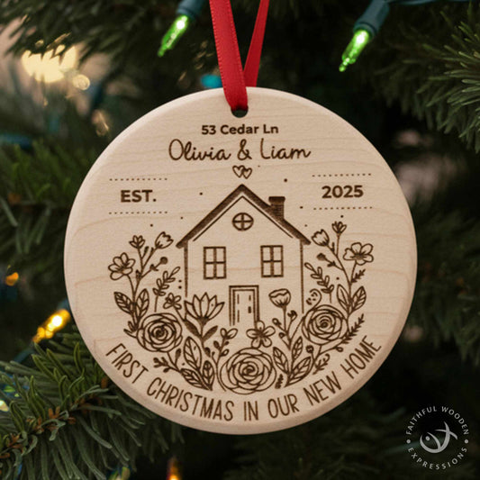 Personalized New Home Christmas Ornament – Engraved Wooden House Ornament – Solid Maple Handmade Housewarming Gift