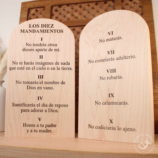 Spanish Ten Commandments wooden tablets set | Juego de tablas de madera de los Diez Mandamientos | Christian wall decor | La ley de Dios