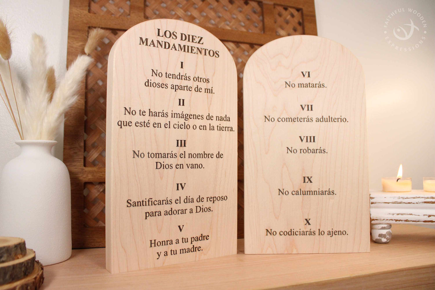 Spanish Ten Commandments wooden tablets set | Juego de tablas de madera de los Diez Mandamientos | Christian wall decor | La ley de Dios