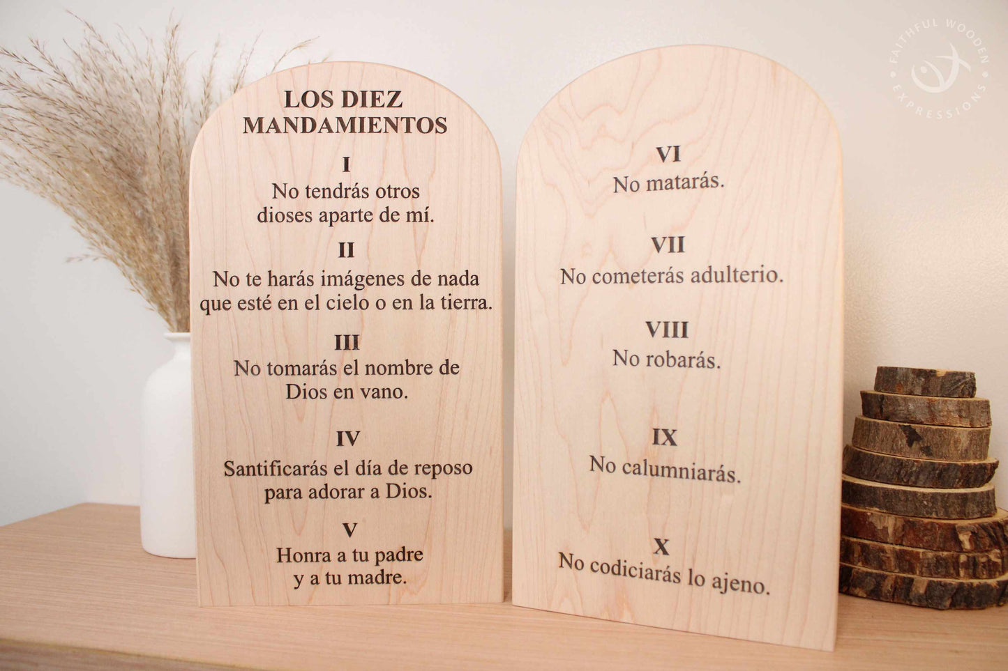 Spanish Ten Commandments wooden tablets set | Juego de tablas de madera de los Diez Mandamientos | Christian wall decor | La ley de Dios