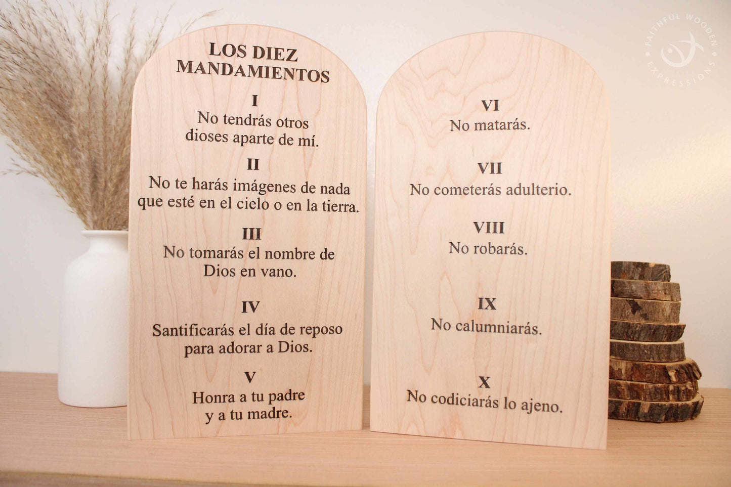 Spanish Ten Commandments wooden tablets set | Juego de tablas de madera de los Diez Mandamientos | Christian wall decor | La ley de Dios