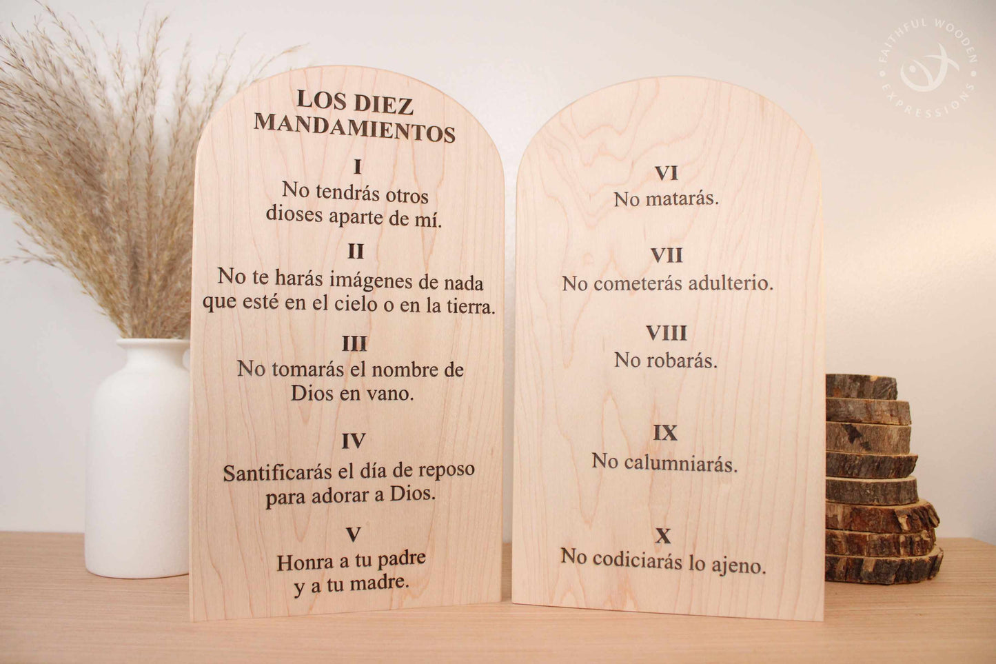 Spanish Ten Commandments wooden tablets set | Juego de tablas de madera de los Diez Mandamientos | Christian wall decor | La ley de Dios