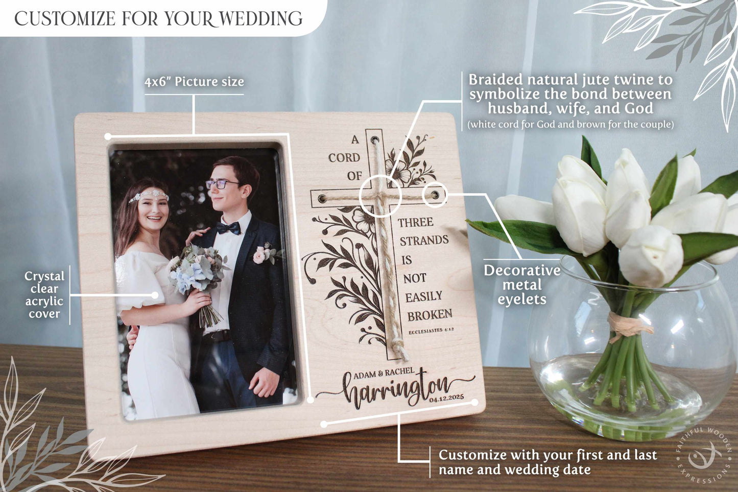 A Cord of Three Strands Frame | Personalized Wedding Memory Gift for Her | Just Married Customized Boho Gift