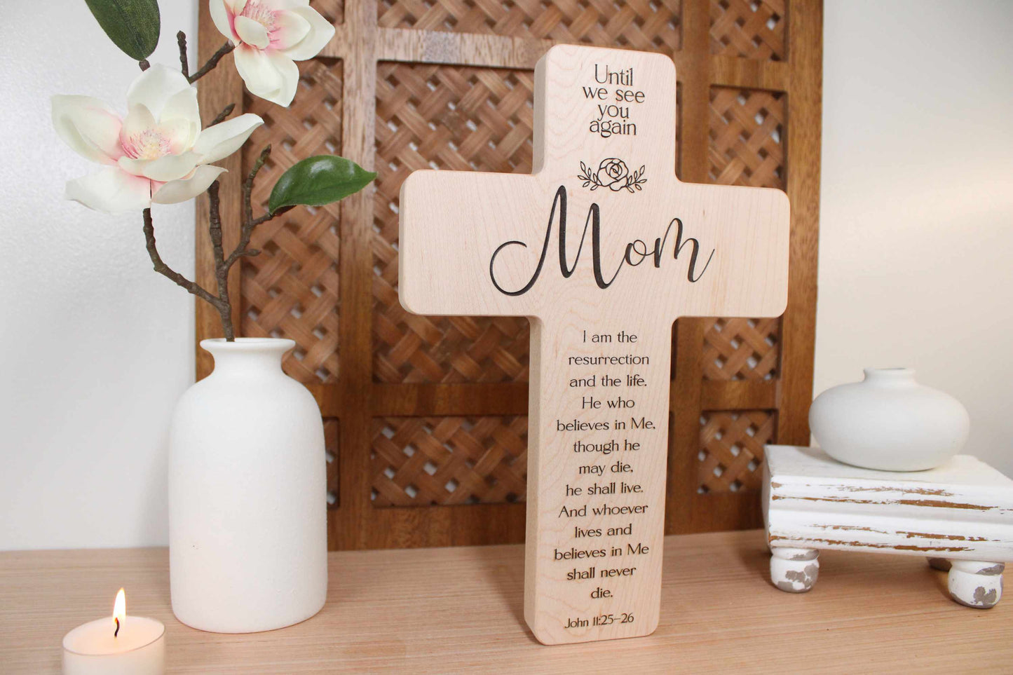 Personalized Maple Memorial Cross for Mom: Engraved Remembrance Gift
