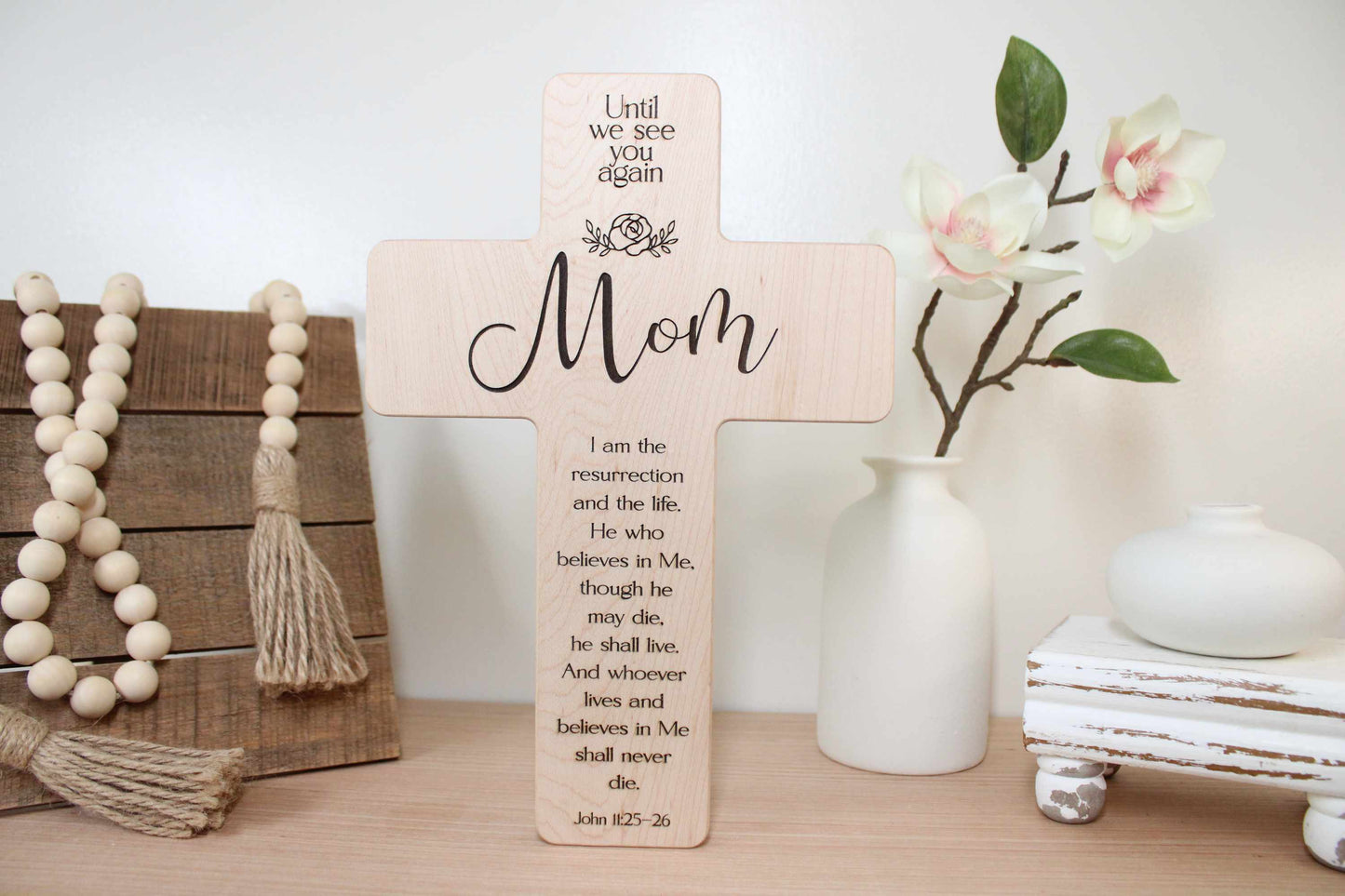 Personalized Maple Memorial Cross for Mom: Engraved Remembrance Gift