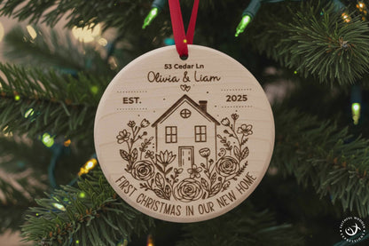 Personalized New Home Christmas Ornament – Engraved Wooden House Ornament – Solid Maple Handmade Housewarming Gift