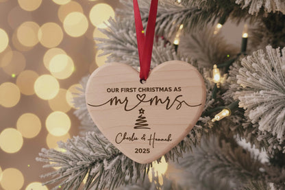 Personalized Mr and Mrs First Christmas Wedding Ornament - Handmade Engraved Wooden Heart - Shatterproof Newlywed Keepsake Gift for Couples